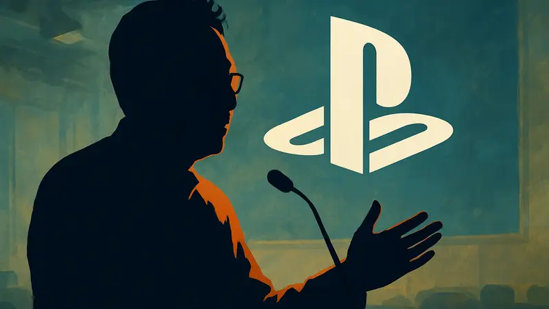 Сюхей Ёсида, бывший руководитель PlayStation Studios, на фоне логотипа PlayStation, рассказывающий об увольнении.