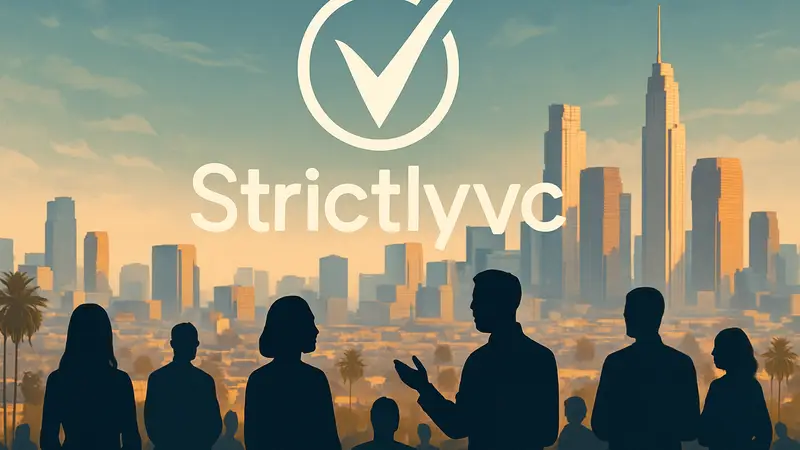 Логотип StrictlyVC на фоне Лос-Анджелеса, анонсирующий конференцию по технологиям.
