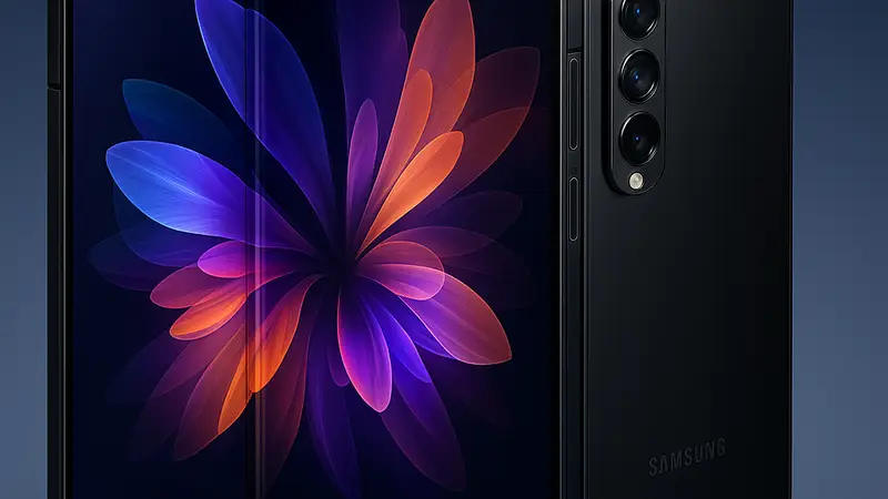 Изображение складного смартфона Samsung Galaxy Z Trifold с его уникальным дизайном, демонстрирующим экран и сложенный корпус.