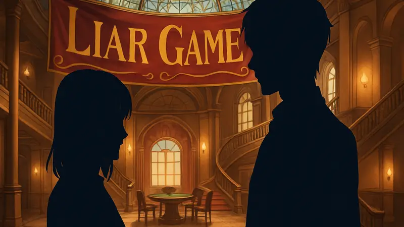 Ключевой визуал аниме Liar Game с персонажами и датой выхода