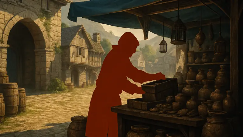 Торговец в Crimson Desert, пополняющий свои товары в магазине