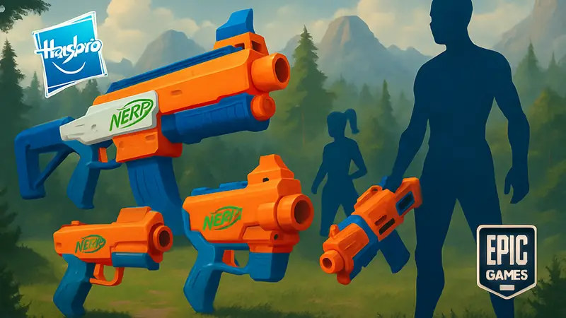 Новые бластеры NERF в стилистике Fortnite с логотипами Hasbro и Epic Games.