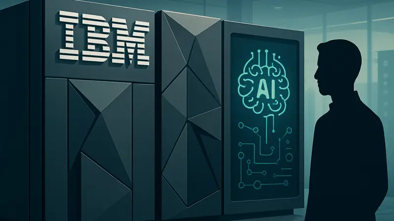 Логотип IBM и схематичное изображение мейнфрейма с элементами искусственного интеллекта