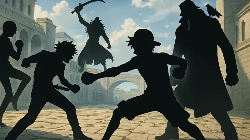 Фрагмент битвы из арки Enies Lobby в аниме One Piece с главными героями и их противниками.