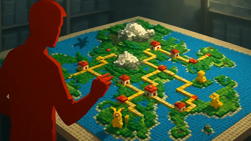 Карта региона Sinnoh из Pokémon, собранная из кубиков Lego, показывающая процесс разработки игры.