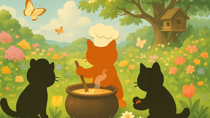Милые кошки из игры Cats & Soup готовят суп в цветочном весеннем окружении с летающими бабочками.