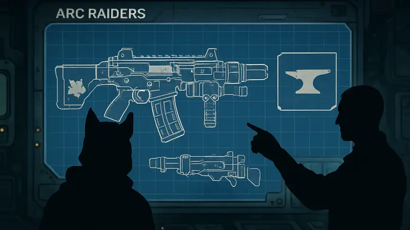 Чертеж оружия Arc Raiders, Экспедиция 3. "Волчья стая" или "Наковальня" на фоне интерфейса.