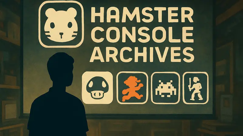 Логотип Hamster Console Archives с несколькими иконками классических консольных игр, стилизованных под ретро.