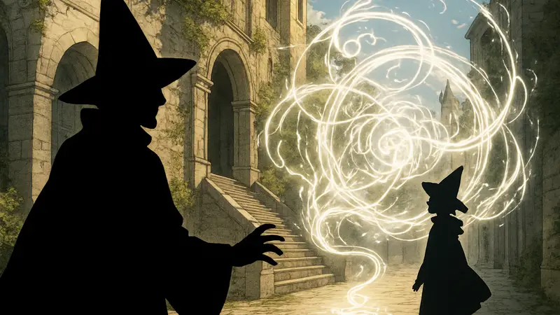 Персонажи аниме Witch Hat Atelier, маг в шляпе, магические эффекты, сцена из 12 эпизода.