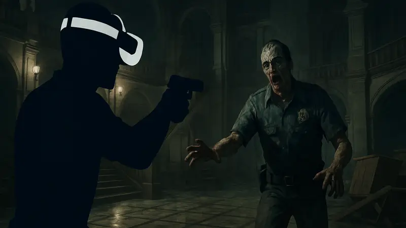 Игрок в VR-шлеме управляет персонажем Resident Evil 2 Remake, кадр из игры в VR