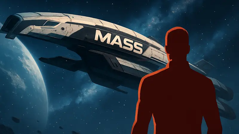 Логотип Mass Effect на фоне космического корабля «Нормандия», стилизованный под сериал.