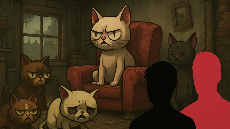 Изображение из игры Mewgenics с необычными котами и намеком на спорных персонажей