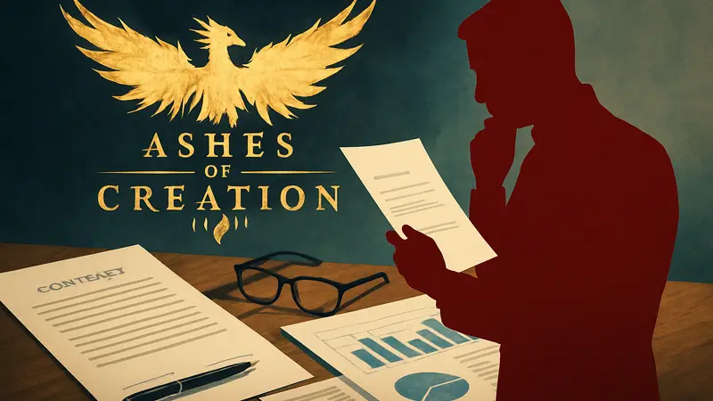Логотип MMORPG Ashes of Creation на фоне контракта или финансовых документов