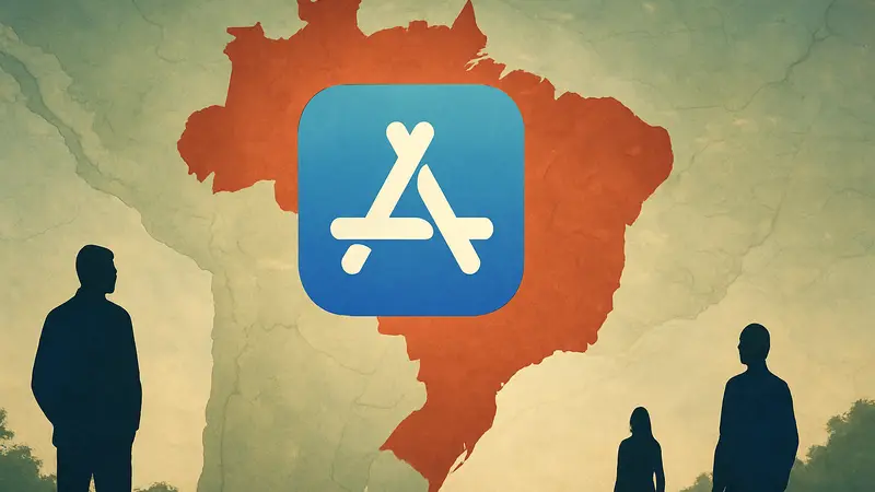Логотип Apple App Store на фоне карты Бразилии, символизирующий изменения в политике распространения приложений.