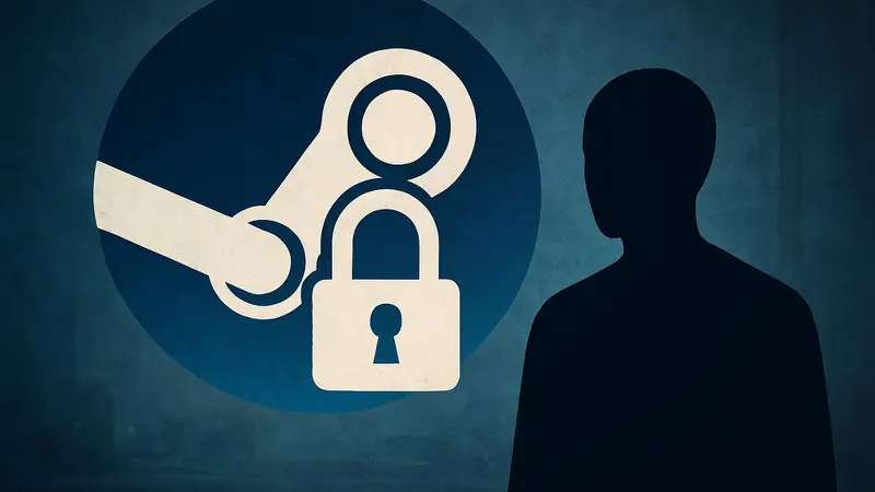 Логотип Steam, на фоне которого изображен знак цензуры или замок. Отражает дискуссию о свободе слова в играх.