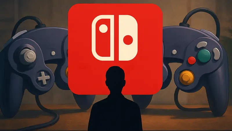 Логотип Nintendo Switch Online на фоне контроллеров GameCube, символизирующий утечку информации о играх.