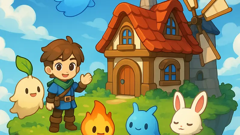 Игровой скриншот Legend of Sky Island, показывающий дом в облаках и милых духов-компаньонов.