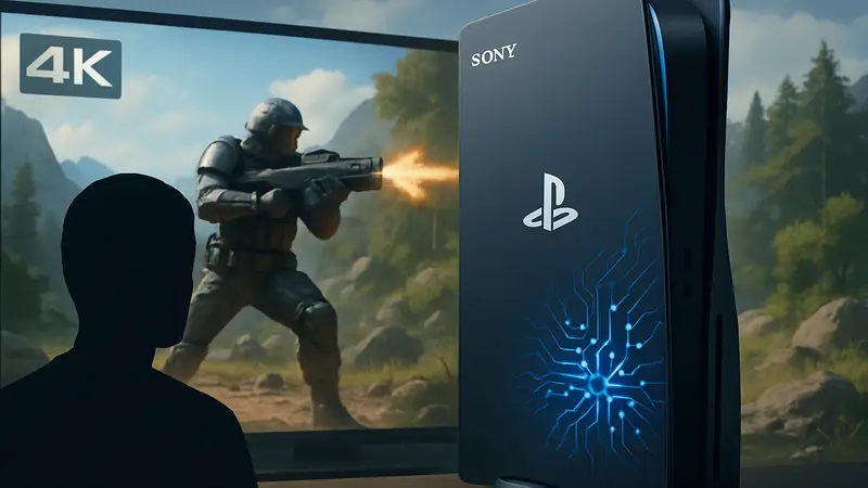 Концепт дизайна PlayStation 6 с логотипом Sony и элементами ИИ-технологий на фоне геймплея 4K.
