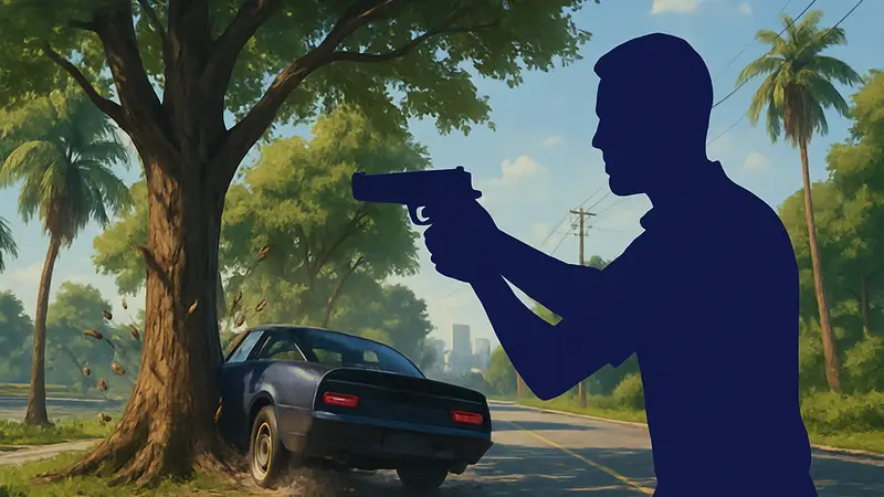 Изображение игровой сцены из GTA 6, демонстрирующей деревья и окружающую среду, с фокусом на их разрушаемость.