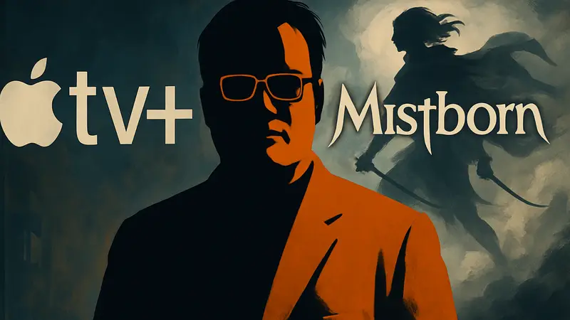 Портрет Брендона Сандерсона на фоне логотипов Apple TV и Mistborn