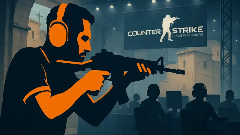 Киберспортсмен MAJ3R с командой на турнире по Counter-Strike, демонстрирующий прицеливание с винтовкой.