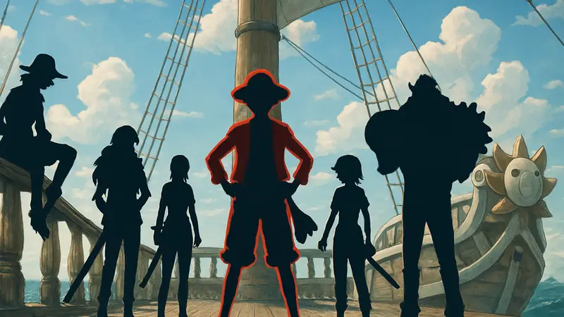 Пираты Соломенной Шляпы из One Piece на корабле, Луффи в центре