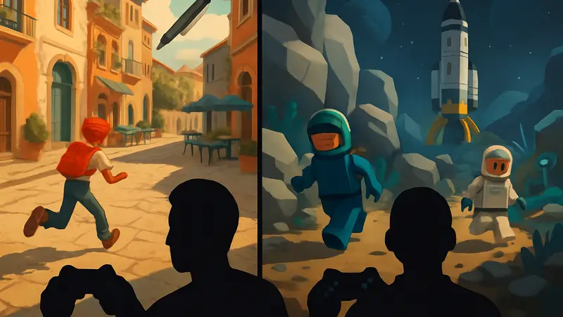 Скриншот с геймплеем из Split Fiction и Lego Voyagers, демонстрирующий локальный кооператив для двоих игроков.