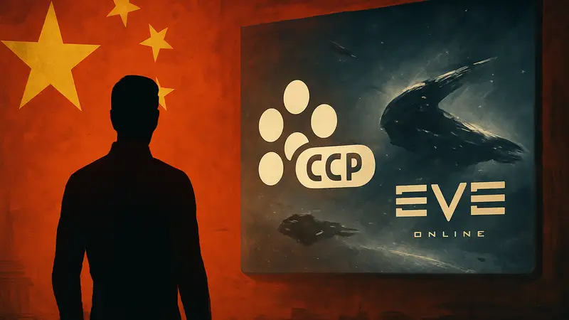 Логотип CCP Games или кадр из EVE Online на фоне китайской символики и надписи «переименование».