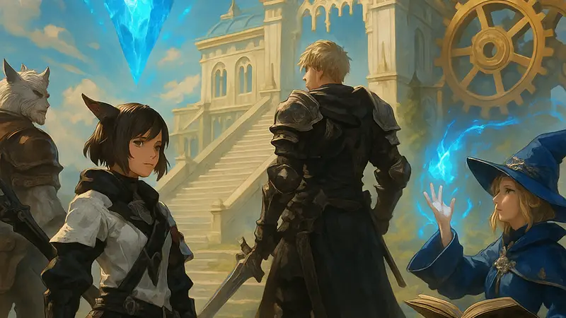 Персонажи Final Fantasy 14 на фоне нового контента обновления 7.41, символизирующего игровые улучшения.