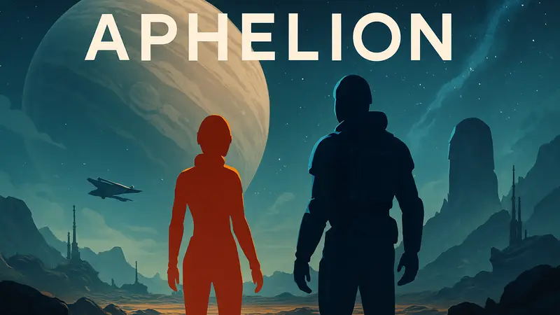 Обложка игры Aphelion, демонстрирующая космический пейзаж и футуристических персонажей