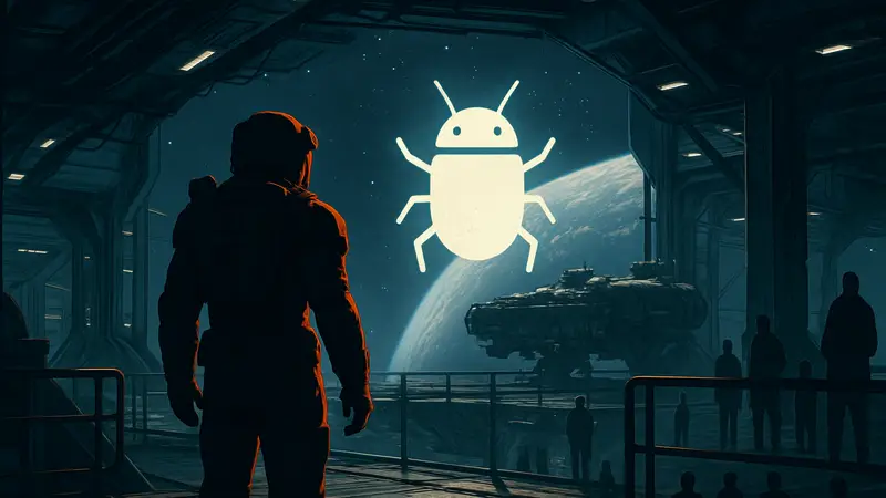 Игрок в скафандре Starfield стоит на космической станции, баг Terran Armada.