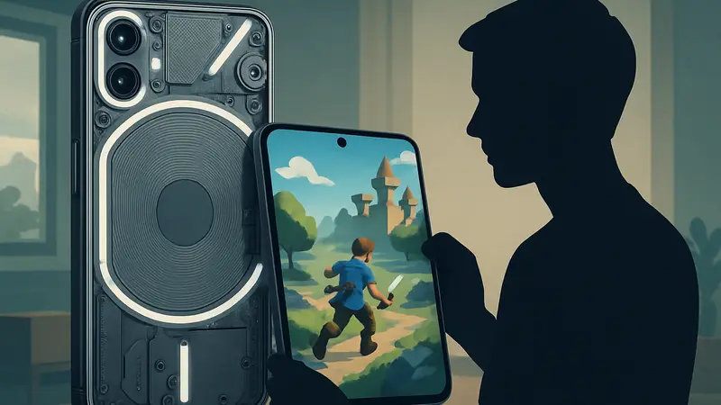 Изображение Nothing Phone (4a) Pro, демонстрирующее его уникальный прозрачный дизайн и интерфейс с играми.