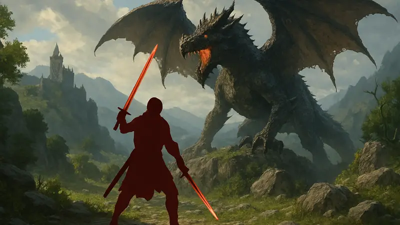 Обложка Dragon's Dogma 2: Dark Arisen с главным героем, сражающимся с драконом в фэнтезийном мире.