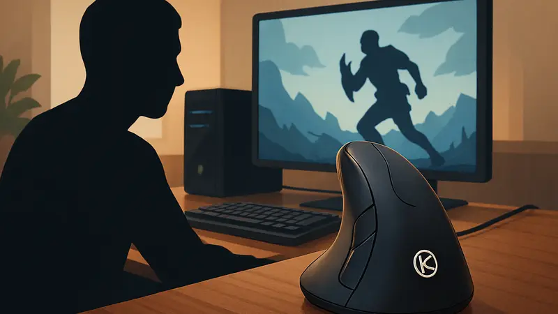 Эргономичная вертикальная игровая мышь Keychron M5 на рабочем столе.