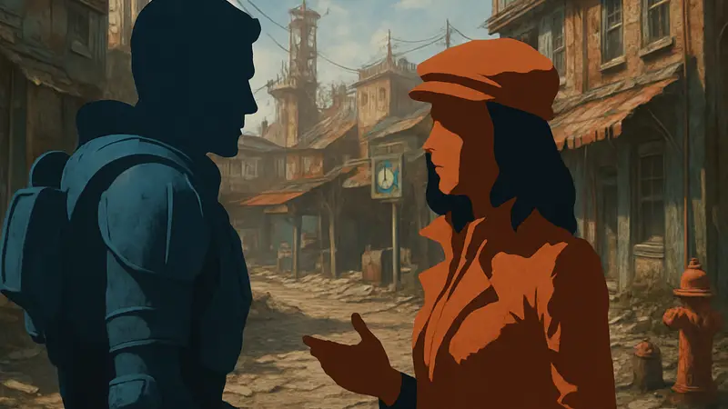 Скриншот из игры Fallout 4, где главный герой общается с одним из романтических компаньонов, возможно, Пайпер.