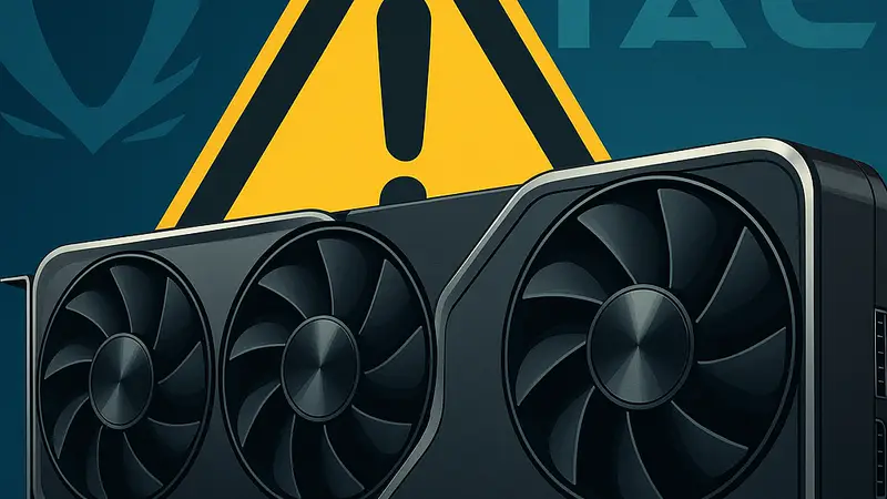 Изображение видеокарты GeForce RTX 5090 на фоне логотипа Zotac, символизирующее предупреждение о дефиците.