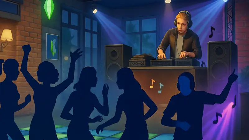 Скриншот из The Sims 2 с персонажами, танцующими под хаус-музыку.
