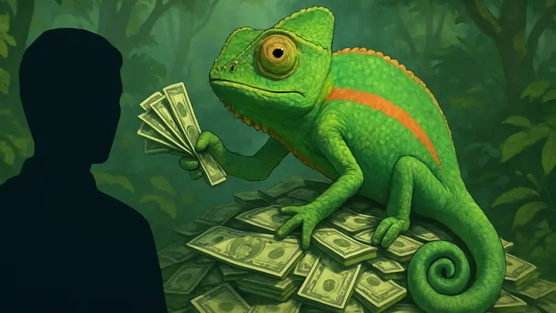 Обложка игры Meccha Chameleon или изображение хамелеона с деньгами, символизирующее успех