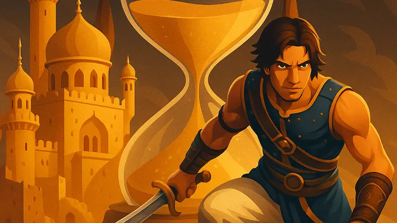 Замок и персонаж Принца из игры Prince of Persia: The Sands of Time на фоне песчаных часов, символизирующих отменённый проект.