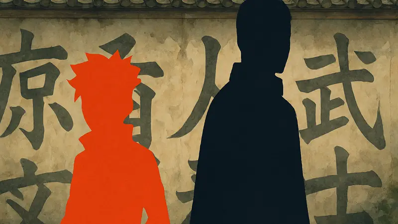 Изображение персонажей Боруто и Наруто из манги на фоне японских иероглифов