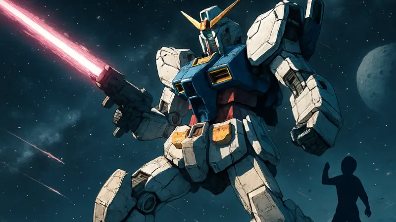 Огромный боевой робот из вселенной Mobile Suit Gundam, сражающийся в космическом пространстве.