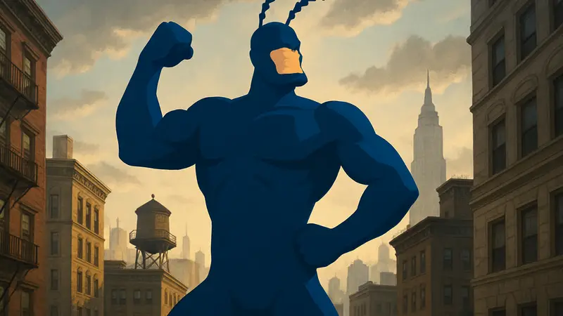Главный герой сериала The Tick (2001), крупный синий супергерой, в характерной позе