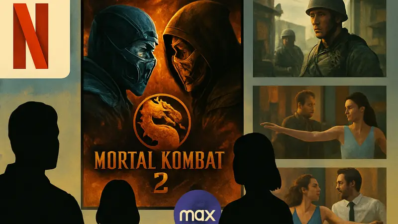 Постер фильма «Мортал Комбат 2», логотипы Netflix и HBO Max, кадры из новых фильмов, доступных для стриминга.