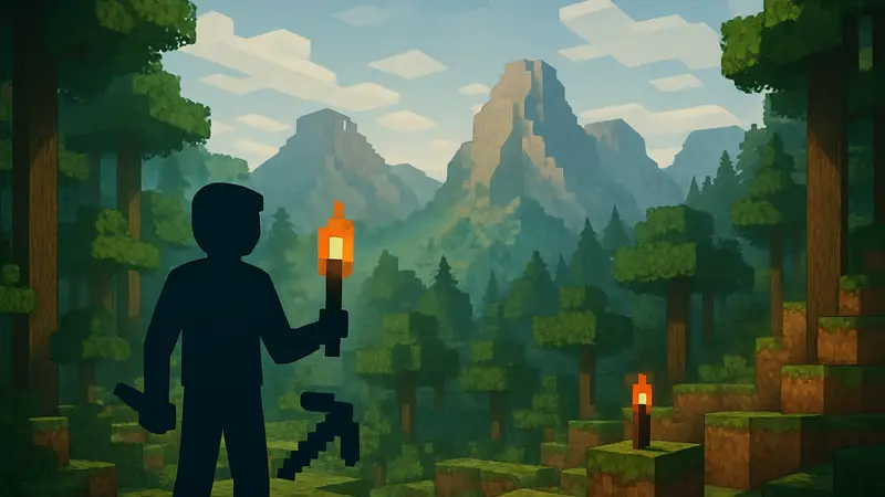 Иллюстрация Minecraft с элементами крафтинга и выживания: кирки, факелы, лес и горы на фоне кубического мира.