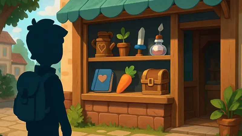 Игрок Heartopia рядом с витриной магазина, наполненной различными игровыми предметами.