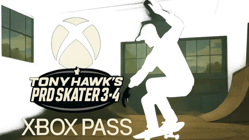Логотип Tony Hawk's Pro Skater 3+4 на фоне Xbox Game Pass. Скейтбординг в Game Pass.