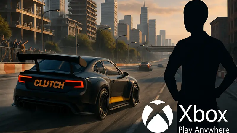 Скриншот гонки Clutch с логотипом Xbox Play Anywhere.