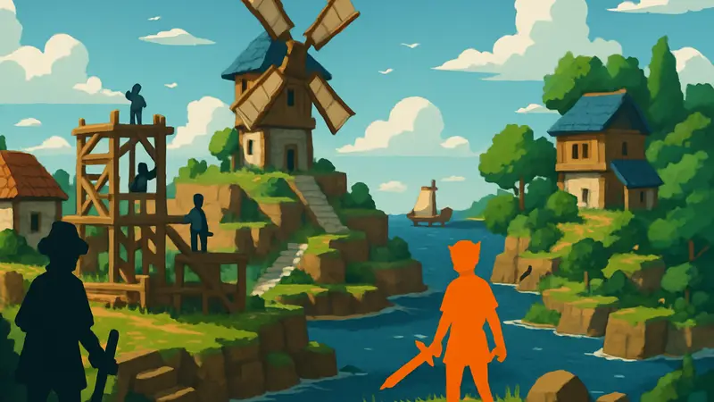 Изображение стилизованного мира Everwind с элементами строительства и фэнтези, напоминающее Minecraft и Wind Waker.