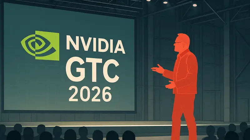 Дженсен Хуанг на сцене Nvidia GTC 2026, выступающий с ключевым докладом.