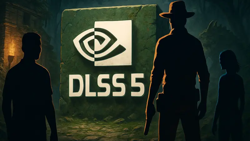 Логотип Nvidia DLSS 5 на фоне игровых текстур, символизирующий секретность анонса для Ubisoft и Capcom.